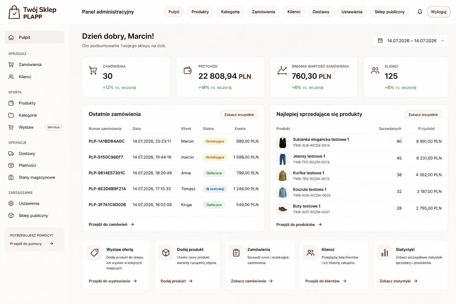 Koncepcja pulpitu administracyjnego Twój Sklep PLAPP z podsumowaniem zamówień, sprzedaży, klientów i produktów